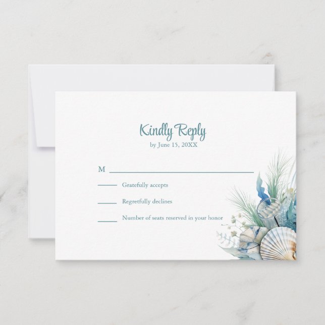 Boho Blue Floral Beach and Shell Wedding RSVP Card (Frente)