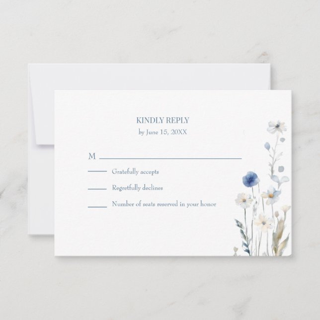 Boho Blue Watercolor Wildflowers Wedding RSVP Card (Frente)