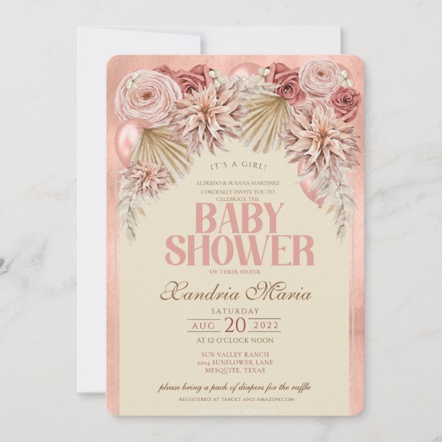 Boho Blush Beige - Convite para Chá de fraldas Sec (Frente)