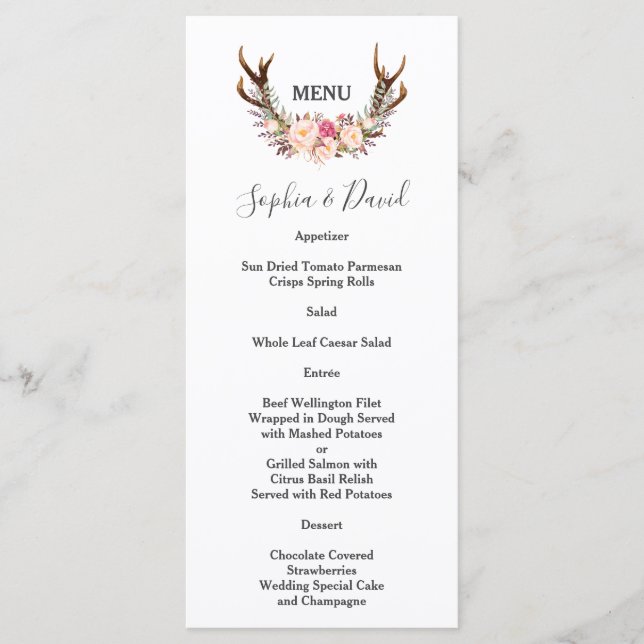 Boho Blush Flowers Menu de Casamento (Frente)