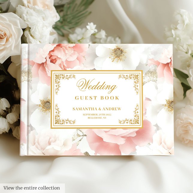 Boho Blush Ivory Floral Dourado Livro de Convidado (Boho Blush Ivory Gold Floral Wedding Guest Book

)