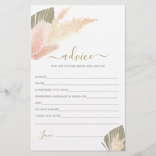 Boho Blush Pampas Grass Advice para o Cartão Bride (Frente)