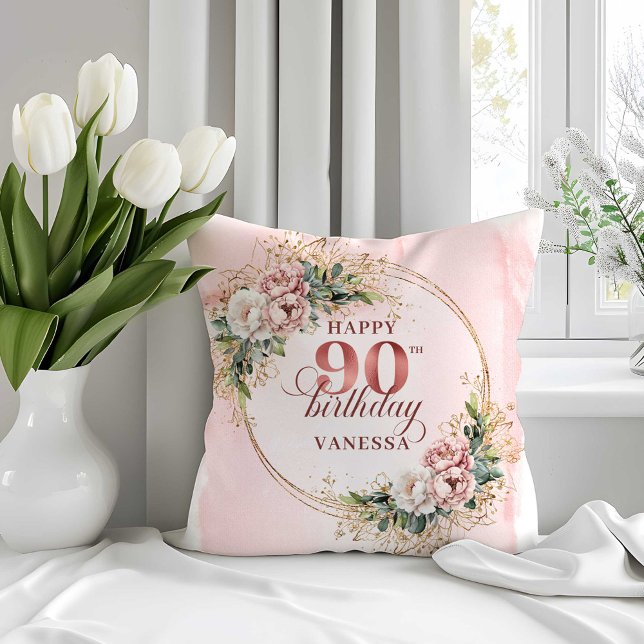 Boho Blush Rosa Floral 90º Aniversário Almofada (Boho Blush Pink Floral 90th Birthday Pillow)