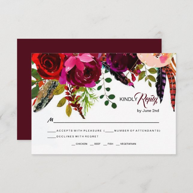 Boho Bold Burgundy Casamento Floral RSVP (Frente/Verso)