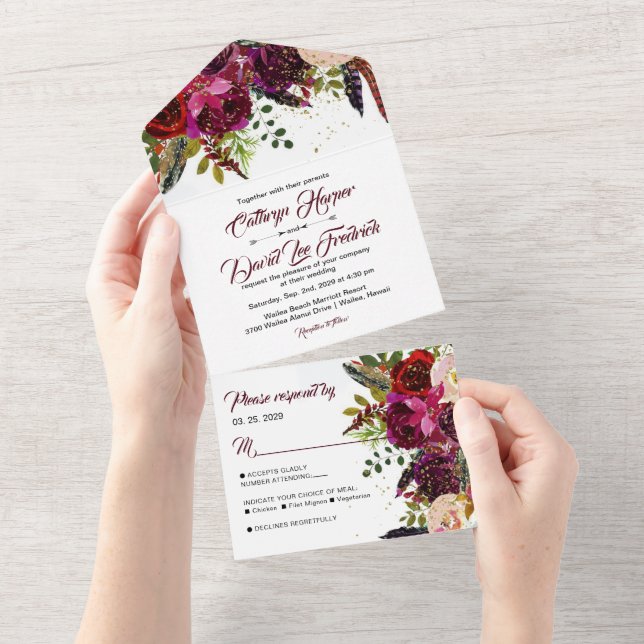 Boho Bold Burgundy e Dourado Casamento Floral (Tearaway)