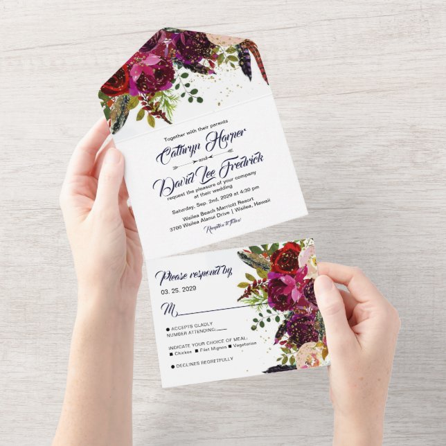 Boho Bold Burgundy Marinho Floral Casamento (Tearaway)