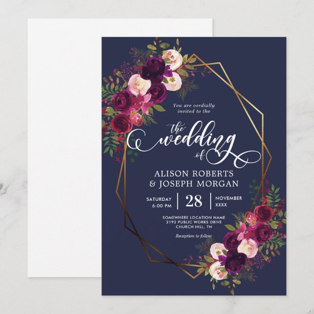 Boho bordo convite para casamento geométrico (Frente/Verso)