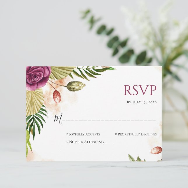 Boho Botanical Elegance Wedding RSVP Card (Em pé/Frente)