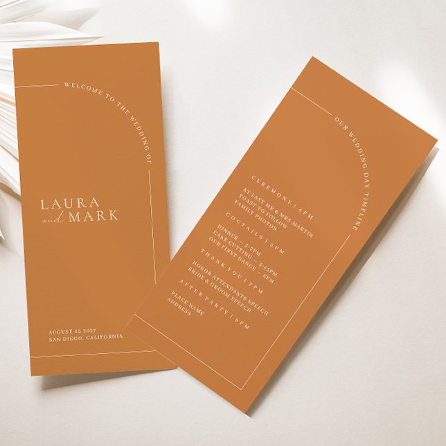 Boho Brunt Orange Arch Minimalist Weding Program (Criador carregado)