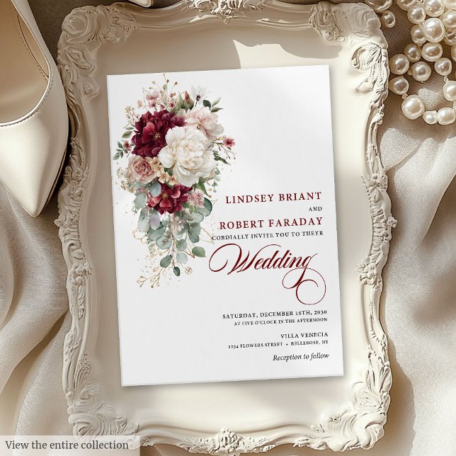Boho Burgundy Dourado Convite para Casamento com F (Boho Burgundy White Gold Leaf Wedding Invitation)