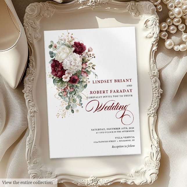 Boho Burgundy e Convite para Casamento de Rosa Bra (Boho Burgundy White Rose Wedding Invitation Card)