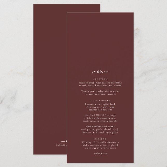 Boho Burgundy Elegante Menu de Casamento Minimalis (Frente/Verso)