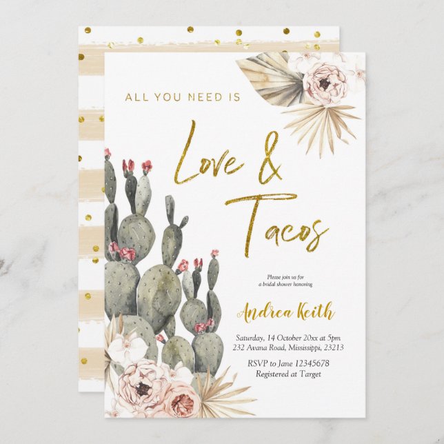 Boho Cactus Love e Tacos Chá de panela Convite (Frente/Verso)