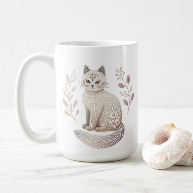 Boho Cat Mug Elegante Mínima Xícara de Café Felino (Com Donut)