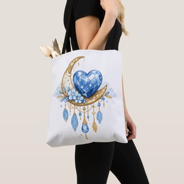Boho Celestial Moon & Crystal Heart Bolsa Tote – (Close Up)