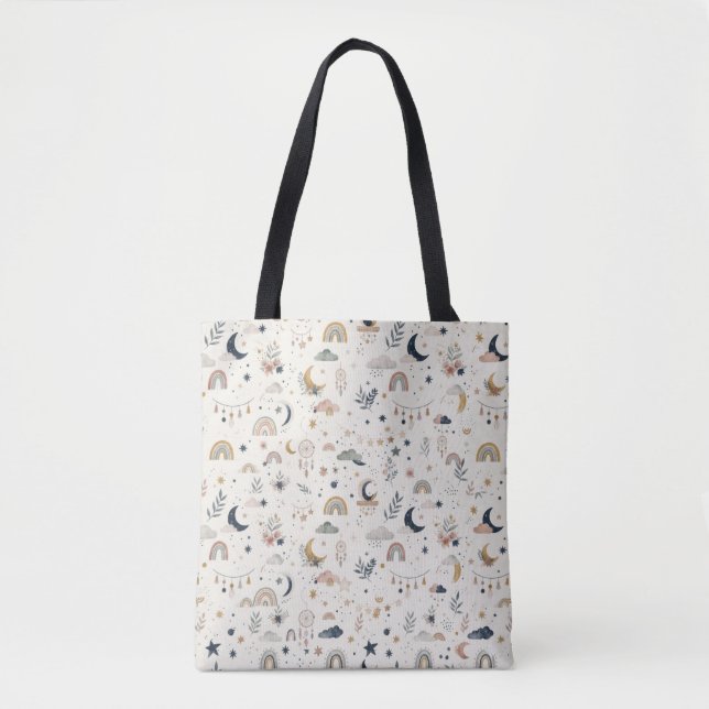 Boho Celestial Tote Bag | Lua e Estrelas Neutras (Frente)