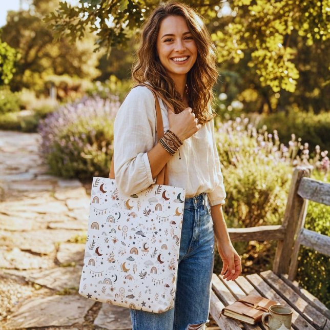Boho Celestial Tote Bag | Lua e Estrelas Neutras (Trendy boho rainbow tote bag. Aesthetic & durable canvas shoulder bag for stylish daily use!)