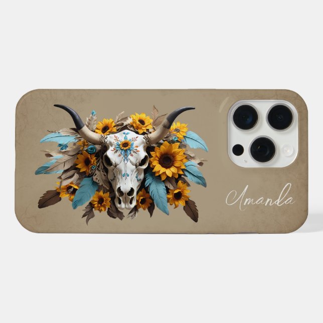 Boho Chic Aguarela Girassol Pena Crânio de Vaca  (Verso Horizontal)