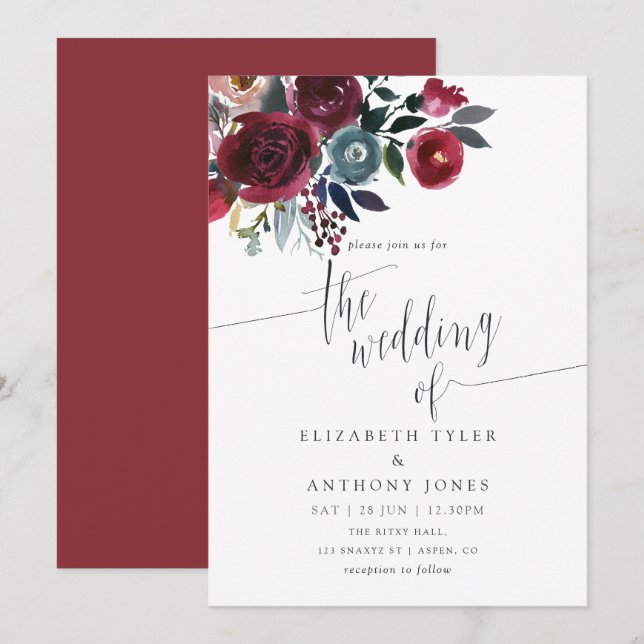 Boho Chic Burgundy e Convite de casamento floral d (Frente/Verso)