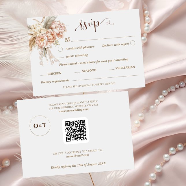 Boho Chic Elegant Floral QR Code Wedding RSVP Card (Criador carregado)