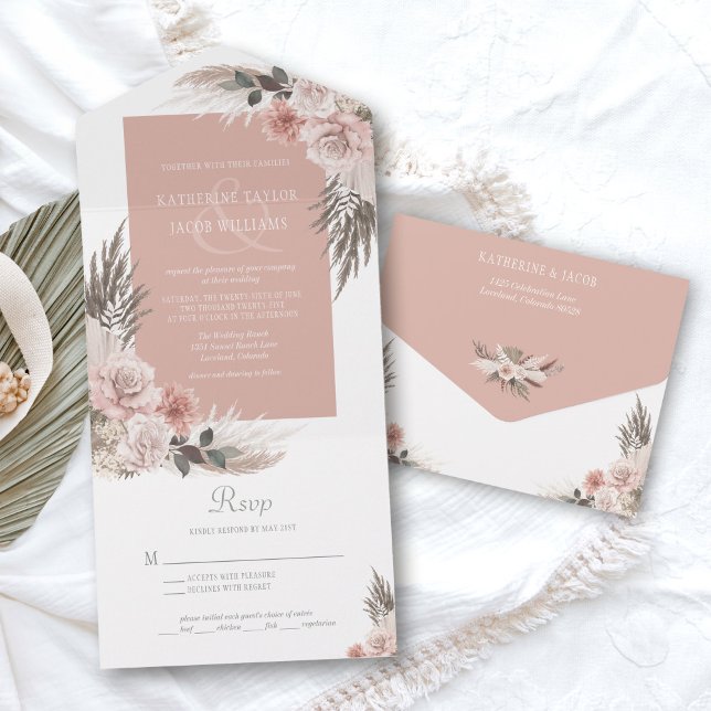 Boho Chic Pampas Grass Pink Sage Casamento Floral (boho floral blush pink wedding invitation with RSVP)