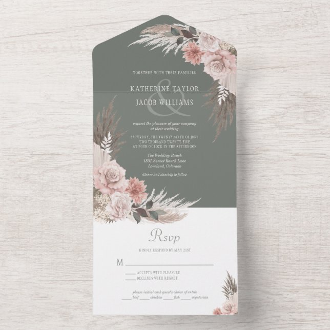 Boho Chic Pampas Grass Sage Casamento Floral Verde (Interno)