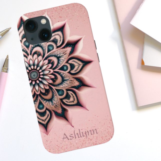 Boho Chic Personalizado Floral Rosa de Mandala Dou (Boho Chic Add Your Name Personalized Blush Pink, Rose Gold Glitter with Floral Mandala Painting)