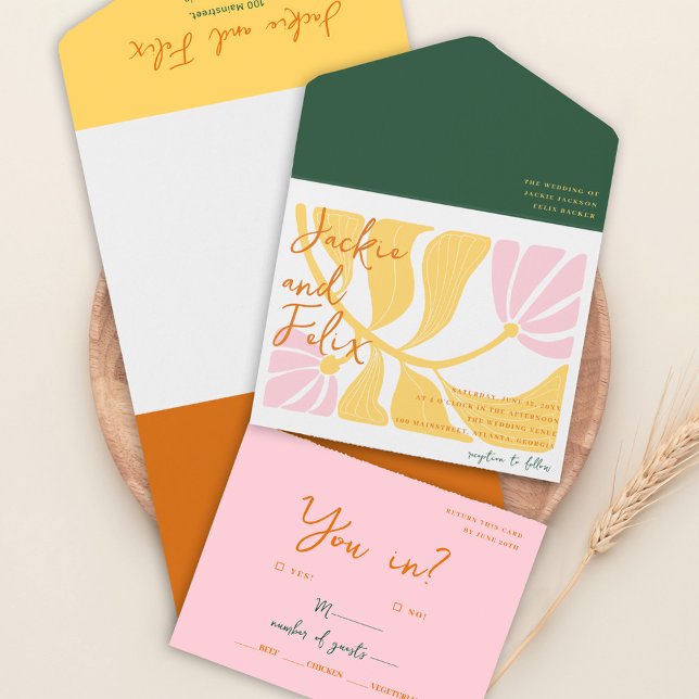 Boho Chic Retro Bright Casamento Colorido Floral (Boho Chic Retro Bright Floral Colorful Wedding All In One Invitation)