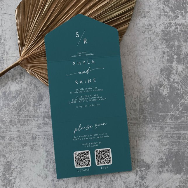 Boho Chic Teal Blue Código QR duplo Casamento (Criador carregado)