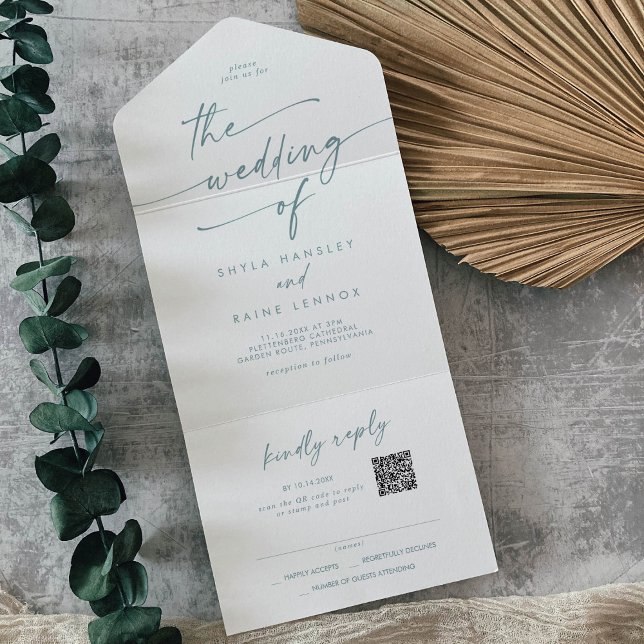Boho Chic Teal e White QR Code Mail in Wedding (Criador carregado)