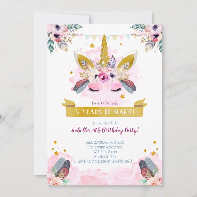 Boho Chic Unicorn Enfrenta Convite de Aniversário (Frente)