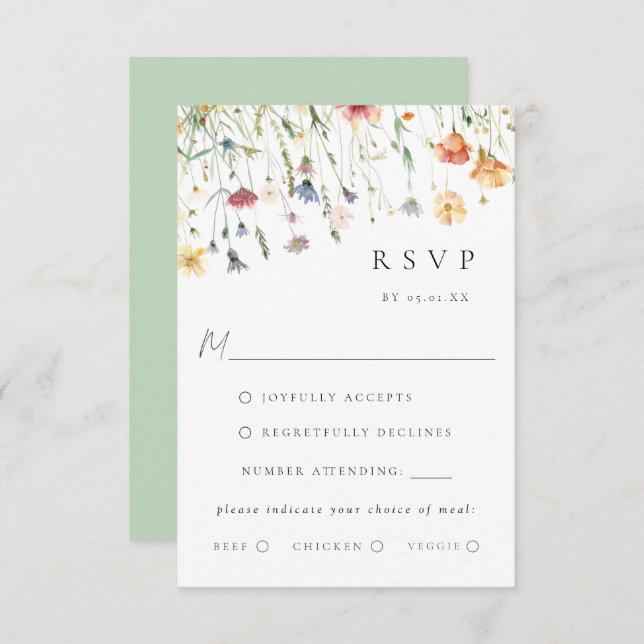 Boho Chic Wildflower Wedding Meal Choice RSVP Card (Frente/Verso)