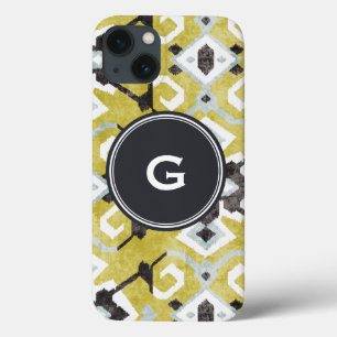 Boho chique padrão tribal ikat preto e amarelo