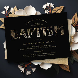 Boho Classy Gold Foil Typografia Baptism Convite
