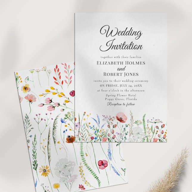 Boho Colorful Wildflower Meadow Wedation Convite (Boho Colorful Wildflower Meadow Wedding Invitation on a white table.)