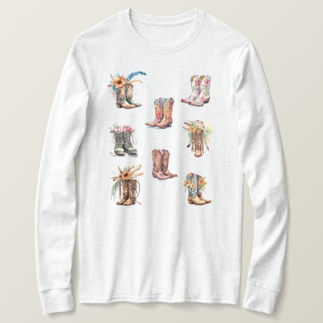 Boho CowGirl Boots T-shirt de manga longa (Frente do Design)