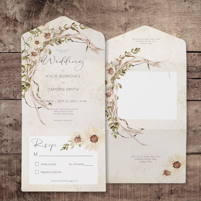 Boho Cream Daisies e gramíneas secas Sem Janto (Boho Cream Daisies & Dried Grass No Dinner All In One Invitation)
