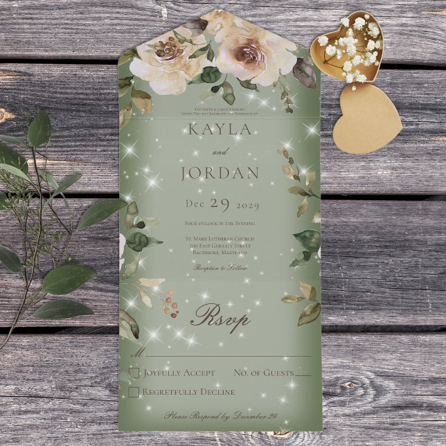 Boho Cream Rosas Sparkle Sage Green Não Janta (Criador carregado)