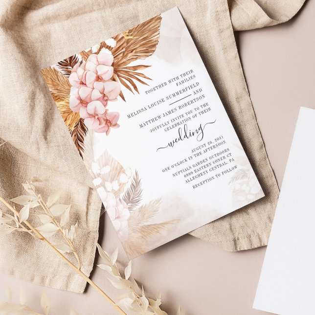 Boho de Orçamento Palmas Secas Pampas Casamento de (Pink Floral Wedding Pampas Grass Invitation)