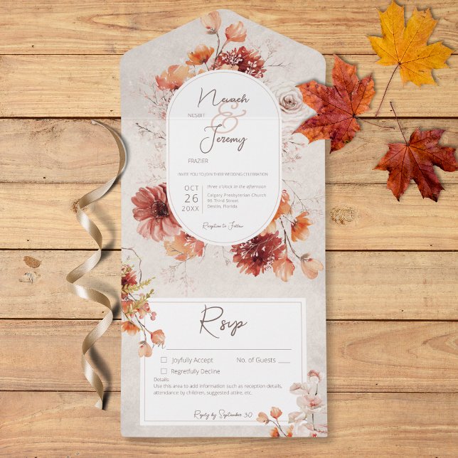 Boho Distante Cream Rust Queda Floral Detalhes (Boho Distressed Cream Rust Fall Floral Details All In One Invitation)