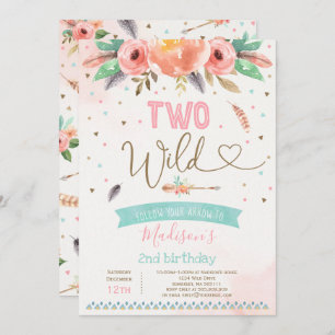 Boho Dois Aniversário Selvagem Convite Watercolor 