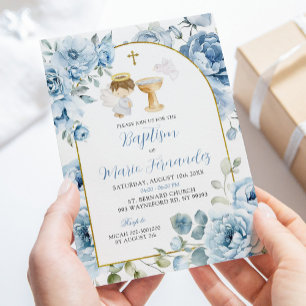 Boho Dusty Blue Floral Boy Baptism Convite