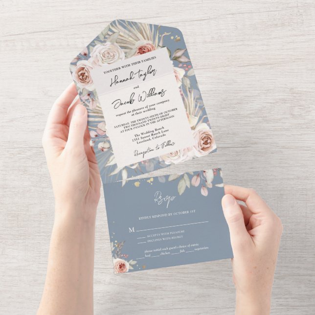 Boho Dusty Blue Rustic Floral com Casamento RSVP (Aba destacável)