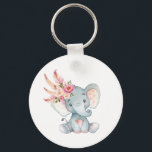 Boho Elephant Pink Floral Chaveiro Aniversário Fav<br><div class="desc">Uma ilustração de aquarela adorável do elefante boho com uma peça de cabeça floral e de pena cor-de-rosa feminino - ideia perfeita para favores de chá de fraldas/festa de aniversário.</div>