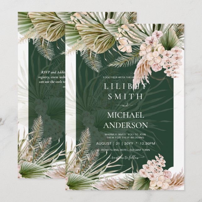BoHO Emerald Green Pampas Grass Casamento (Frente/Verso)