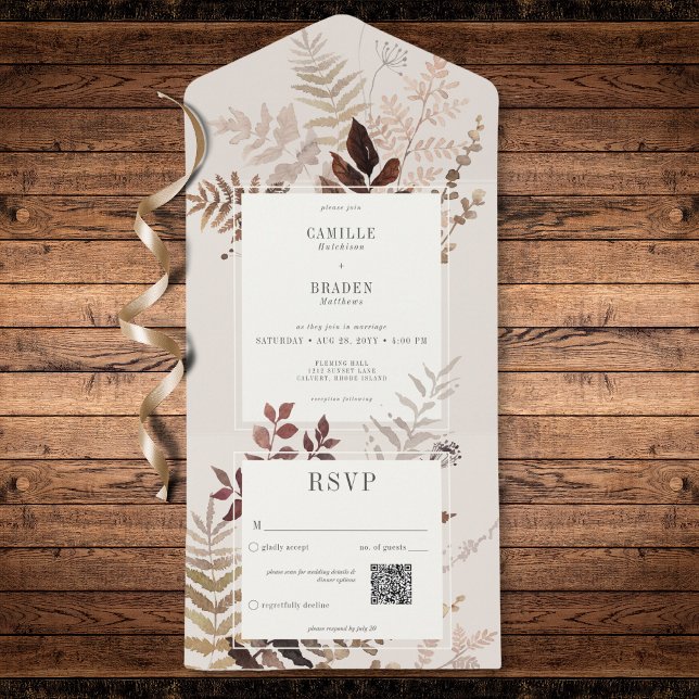 Boho Fall Brown Botanical Weding Código QR (Modern Autumn Brown Ferns & Leaves QR Code All In One Invitation)