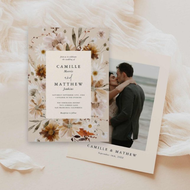Boho Fall Floral Photo Weding Convite (Elegant Fall Floral Wedding Invitation)