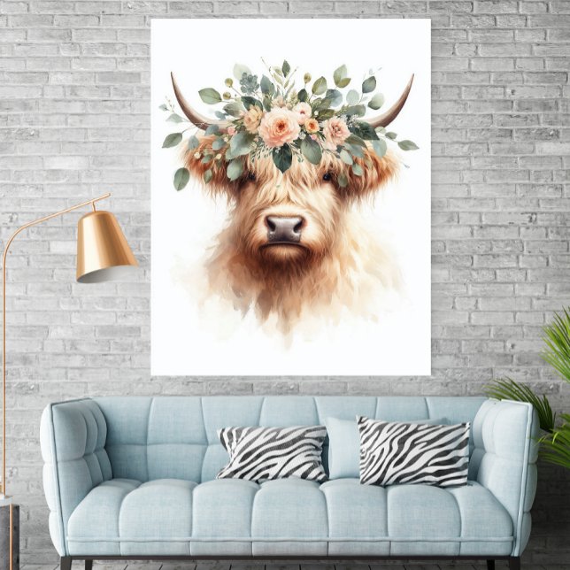 Boho Farmhouse Cow Print with Floral Crown Poster (Criador carregado)