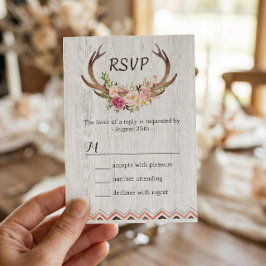 Boho Floral Antler Rustic White Wood Weding RSVP