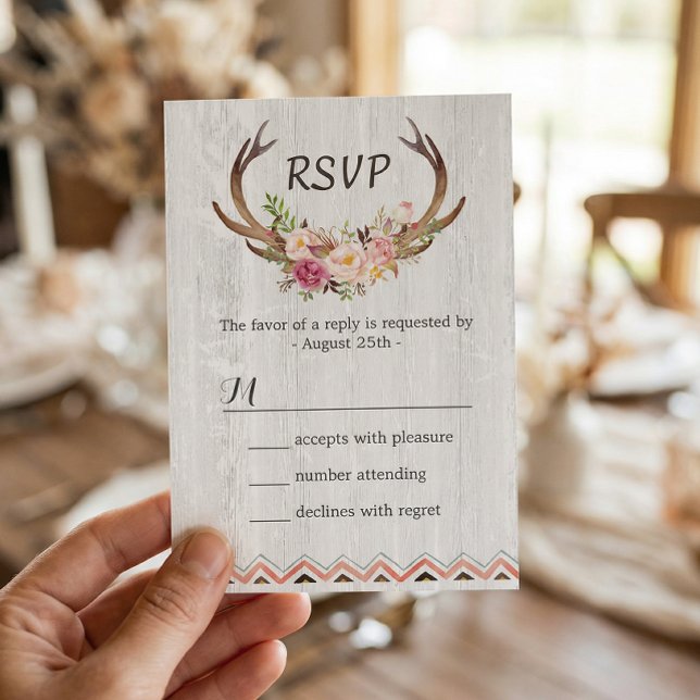 Boho Floral Antler Rustic White Wood Weding RSVP (Criador carregado)